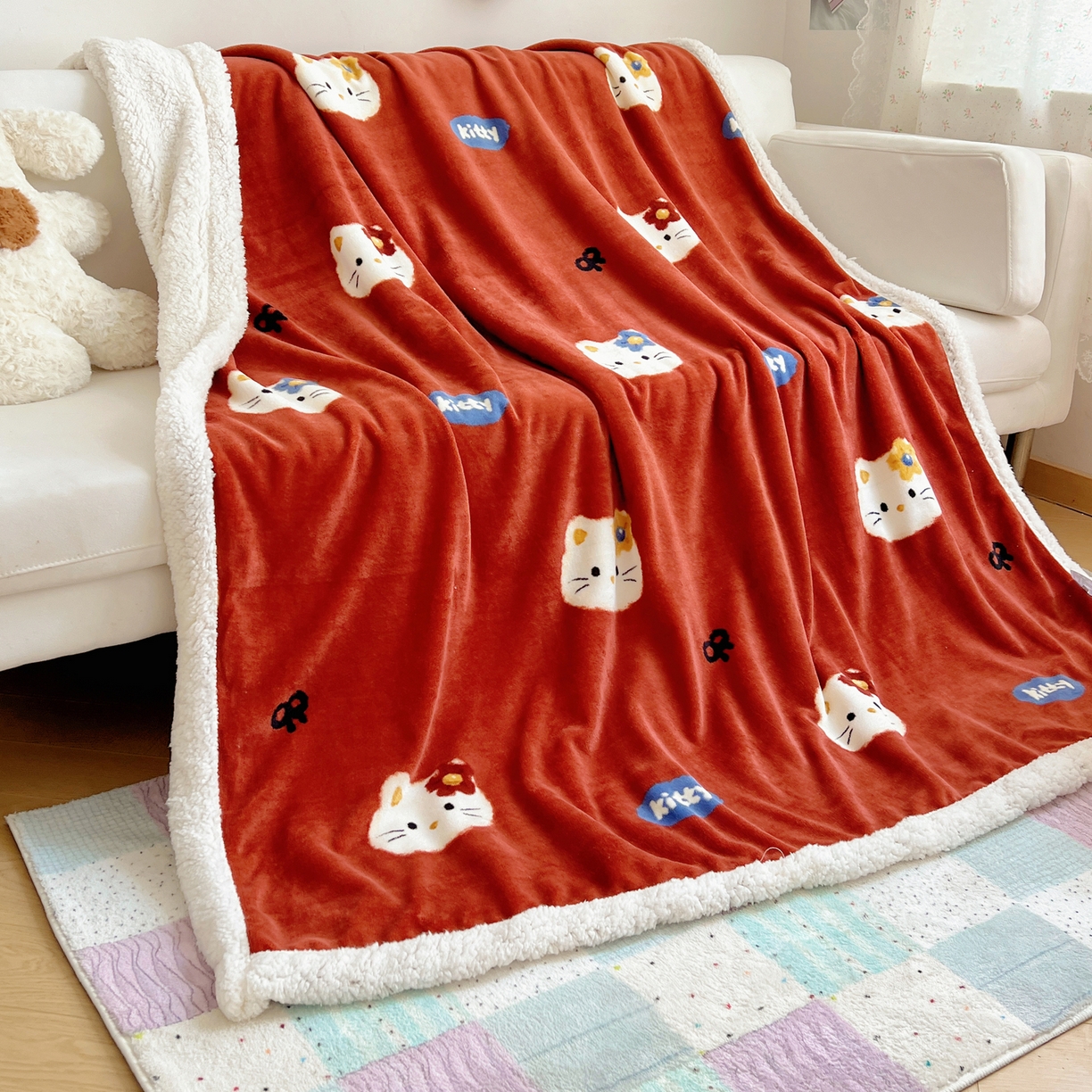 91家纺网 家纺一手货源 找家纺 桃子家居 2025新款A类ins小清新少女可爱奶油猫咪卡通加厚牛奶绒羊羔绒毛毯多功能毛毯 绒毛毯-MT花花喵
