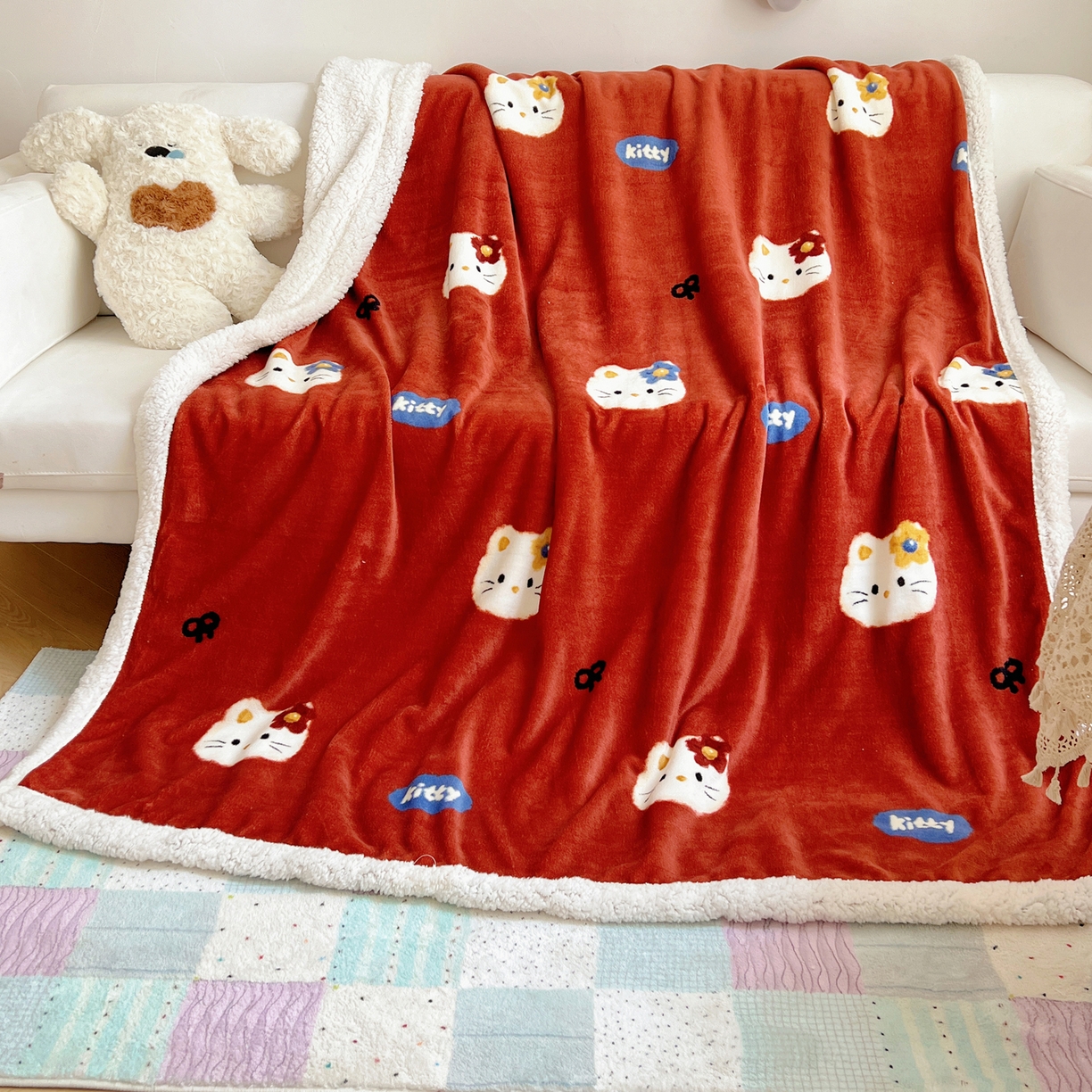 91家纺网 家纺一手货源 找家纺 桃子家居 2025新款A类ins小清新少女可爱奶油猫咪卡通加厚牛奶绒羊羔绒毛毯多功能毛毯 绒毛毯-MT花花喵