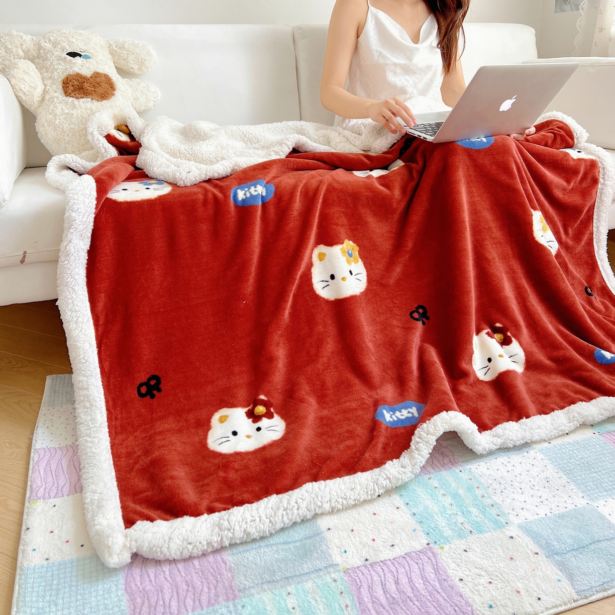 91家纺网 家纺一手货源 找家纺 桃子家居 2025新款A类ins小清新少女可爱奶油猫咪卡通加厚牛奶绒羊羔绒毛毯多功能毛毯 绒毛毯-MT花花喵