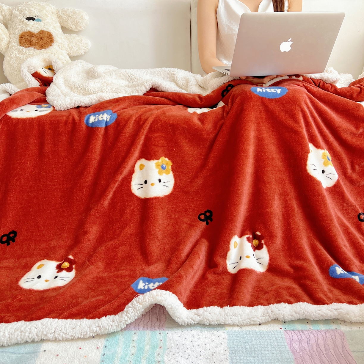 91家纺网 家纺一手货源 找家纺 桃子家居 2025新款A类ins小清新少女可爱奶油猫咪卡通加厚牛奶绒羊羔绒毛毯多功能毛毯 绒毛毯-MT花花喵