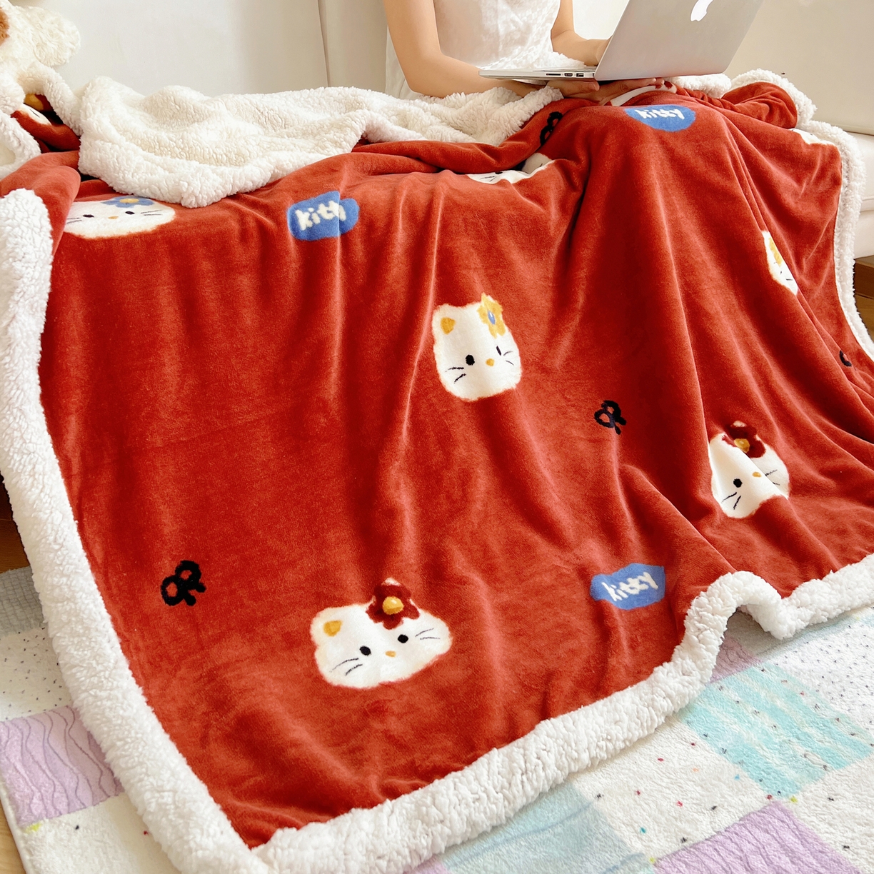 91家纺网 家纺一手货源 找家纺 桃子家居 2025新款A类ins小清新少女可爱奶油猫咪卡通加厚牛奶绒羊羔绒毛毯多功能毛毯 绒毛毯-MT花花喵