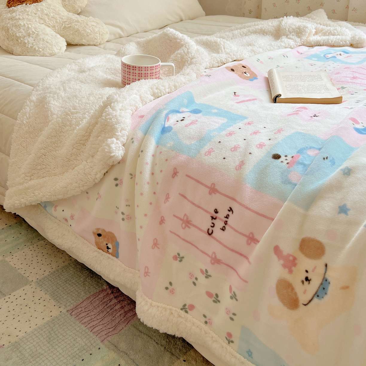 91家纺网 家纺一手货源 找家纺 桃子家居 2025新款A类ins小清新少女可爱奶油猫咪卡通加厚牛奶绒羊羔绒毛毯多功能毛毯 绒毛毯-MT花满屋