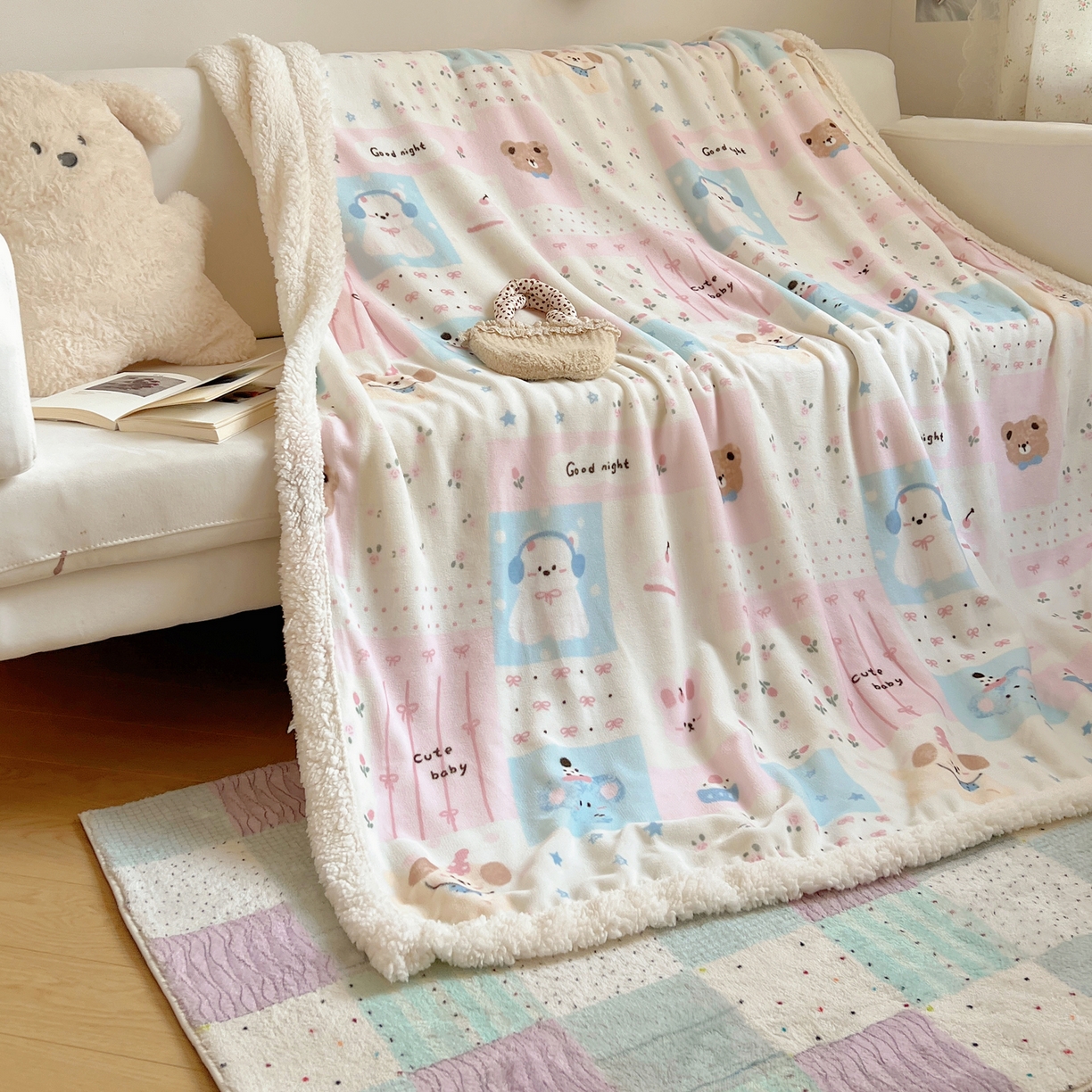 91家纺网 家纺一手货源 找家纺 桃子家居 2025新款A类ins小清新少女可爱奶油猫咪卡通加厚牛奶绒羊羔绒毛毯多功能毛毯 绒毛毯-MT花满屋