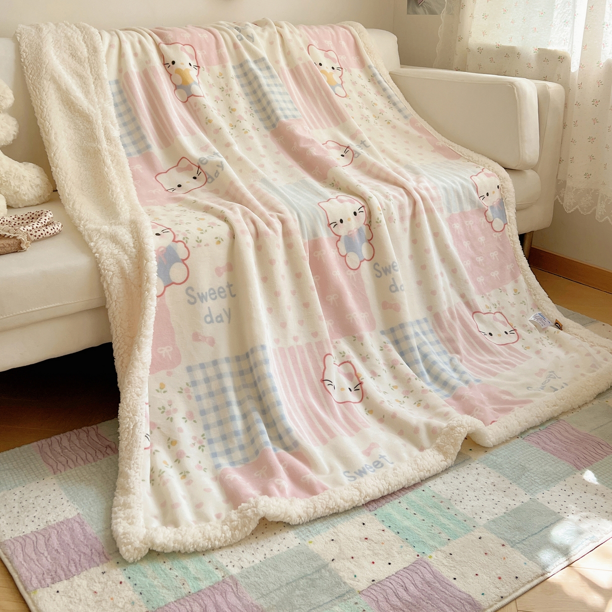 91家纺网 家纺一手货源 找家纺 桃子家居 2025新款A类ins小清新少女可爱奶油猫咪卡通加厚牛奶绒羊羔绒毛毯多功能毛毯 绒毛毯-MT花小猫