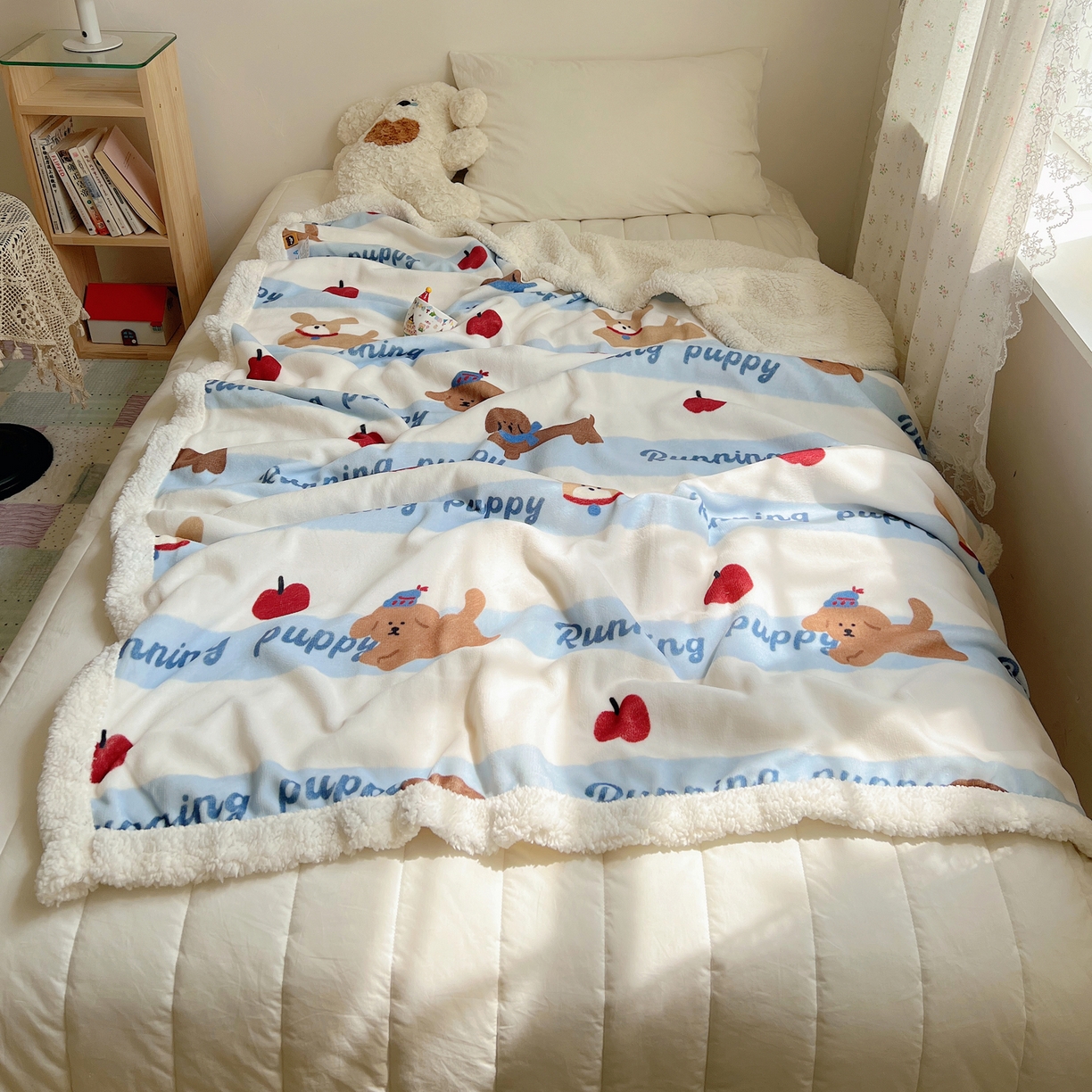 91家纺网 家纺一手货源 找家纺 桃子家居 2025新款A类ins小清新少女可爱奶油猫咪卡通加厚牛奶绒羊羔绒毛毯多功能毛毯 绒毛毯-MT欢乐狗