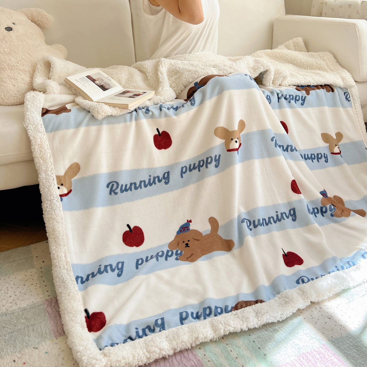 91家纺网 家纺一手货源 找家纺 桃子家居 2025新款A类ins小清新少女可爱奶油猫咪卡通加厚牛奶绒羊羔绒毛毯多功能毛毯 绒毛毯-MT欢乐狗