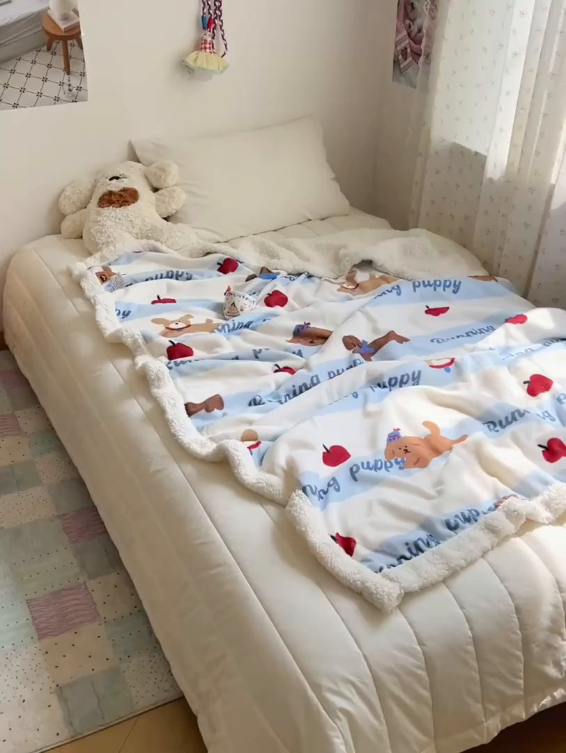 91家纺网 家纺一手货源 找家纺 桃子家居 2025新款A类ins小清新少女可爱奶油猫咪卡通加厚牛奶绒羊羔绒毛毯多功能毛毯 绒毛毯-MT欢乐狗