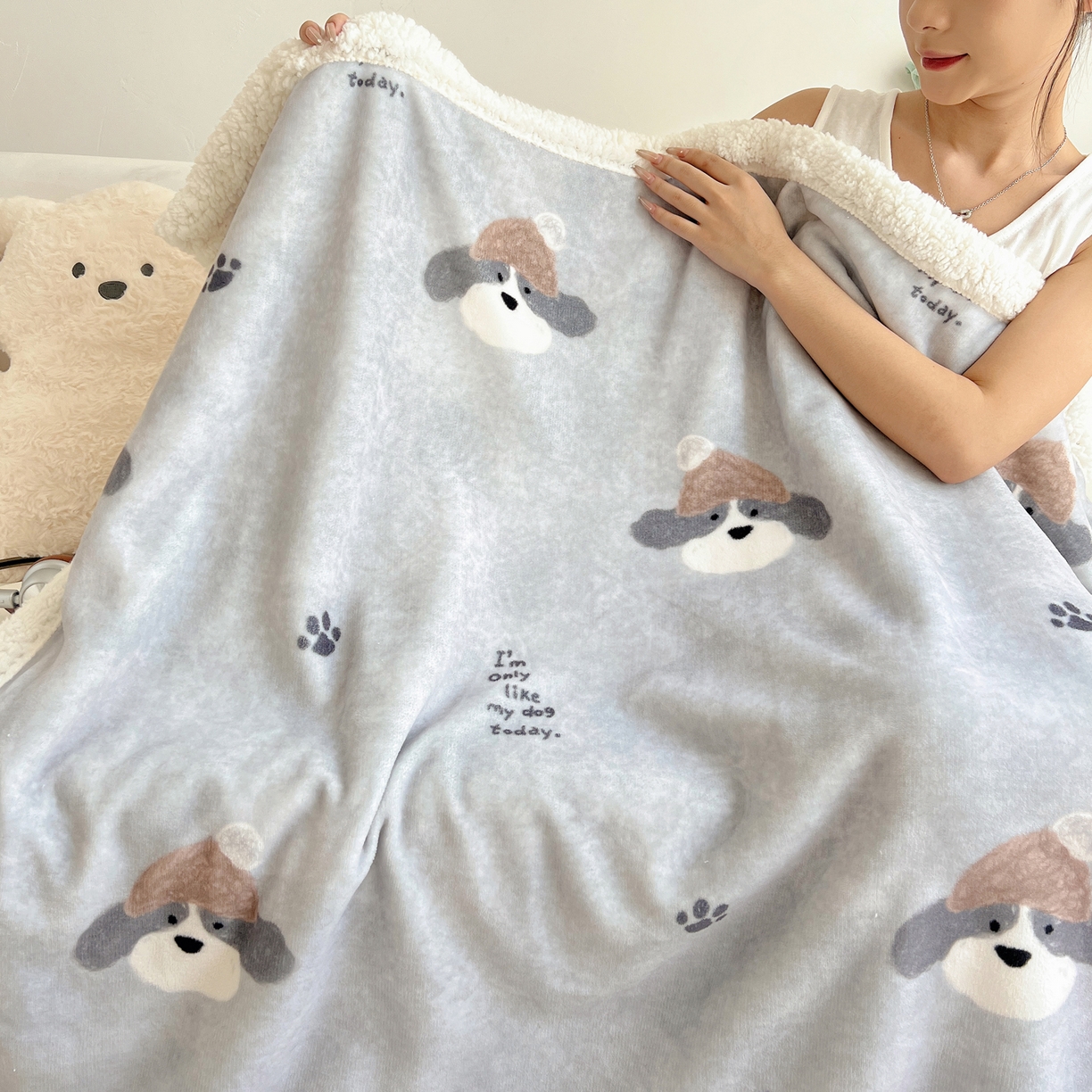 桃子家居 2025新款A类ins小清新少女可爱奶油猫咪卡通加厚牛奶绒羊羔绒毛毯多功能毛毯 绒毛毯-MT灰萌狗