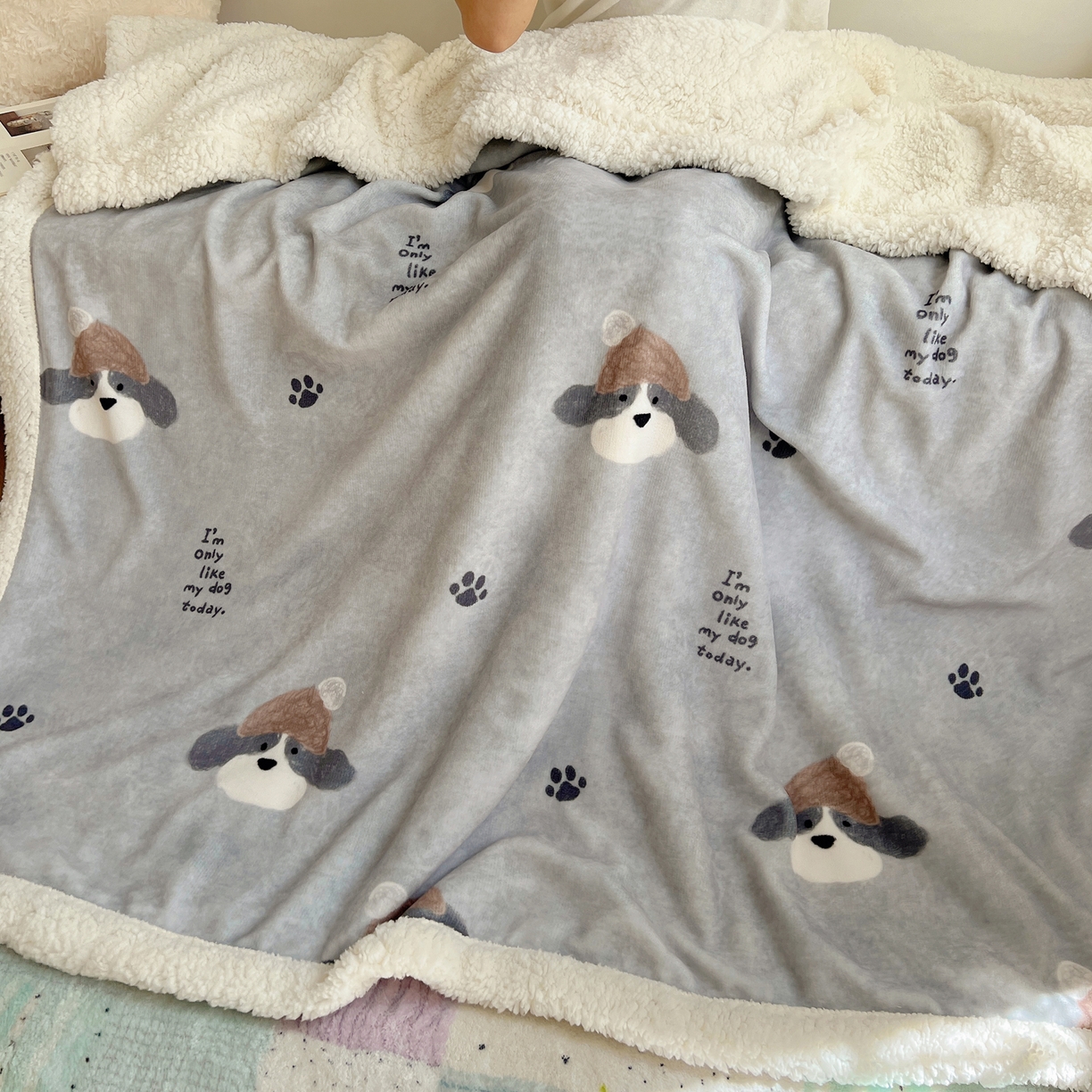 91家纺网 家纺一手货源 找家纺 桃子家居 2025新款A类ins小清新少女可爱奶油猫咪卡通加厚牛奶绒羊羔绒毛毯多功能毛毯 绒毛毯-MT灰萌狗