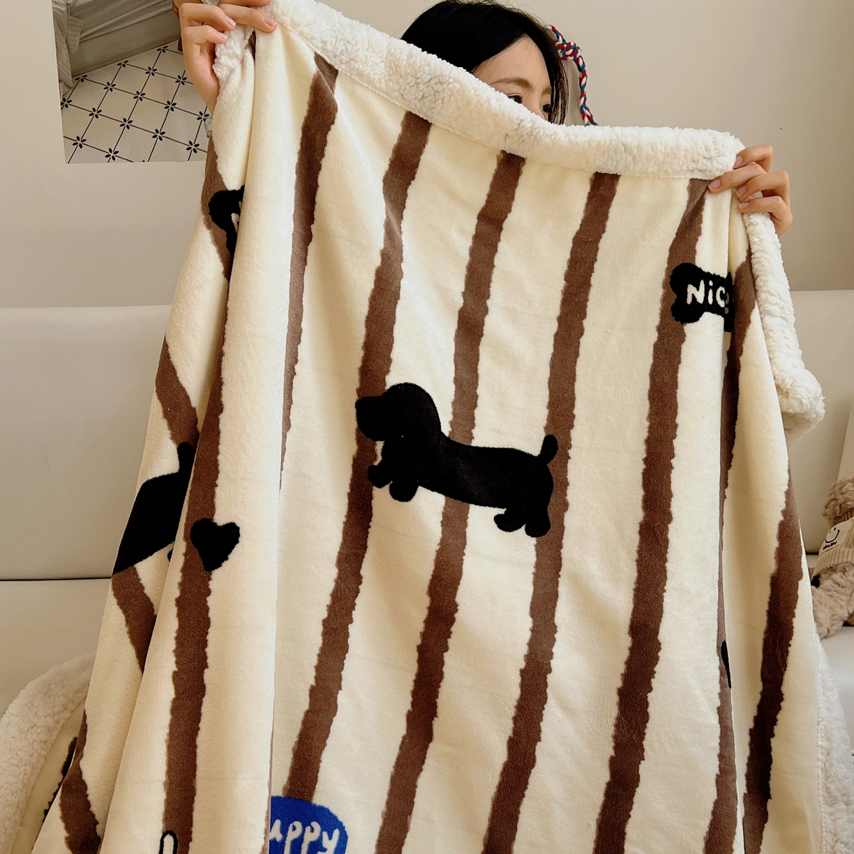 91家纺网 家纺一手货源 找家纺 桃子家居 2025新款A类ins小清新少女可爱奶油猫咪卡通加厚牛奶绒羊羔绒毛毯多功能毛毯 绒毛毯-MT咖条狗狗