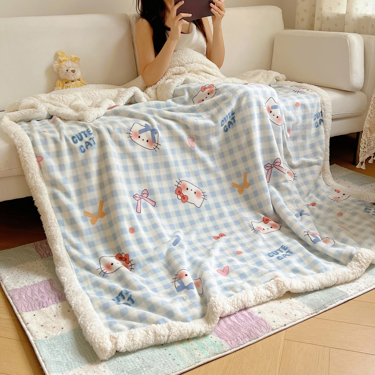 91家纺网 家纺一手货源 找家纺 桃子家居 2025新款A类ins小清新少女可爱奶油猫咪卡通加厚牛奶绒羊羔绒毛毯多功能毛毯 绒毛毯-MT蓝格喵喵