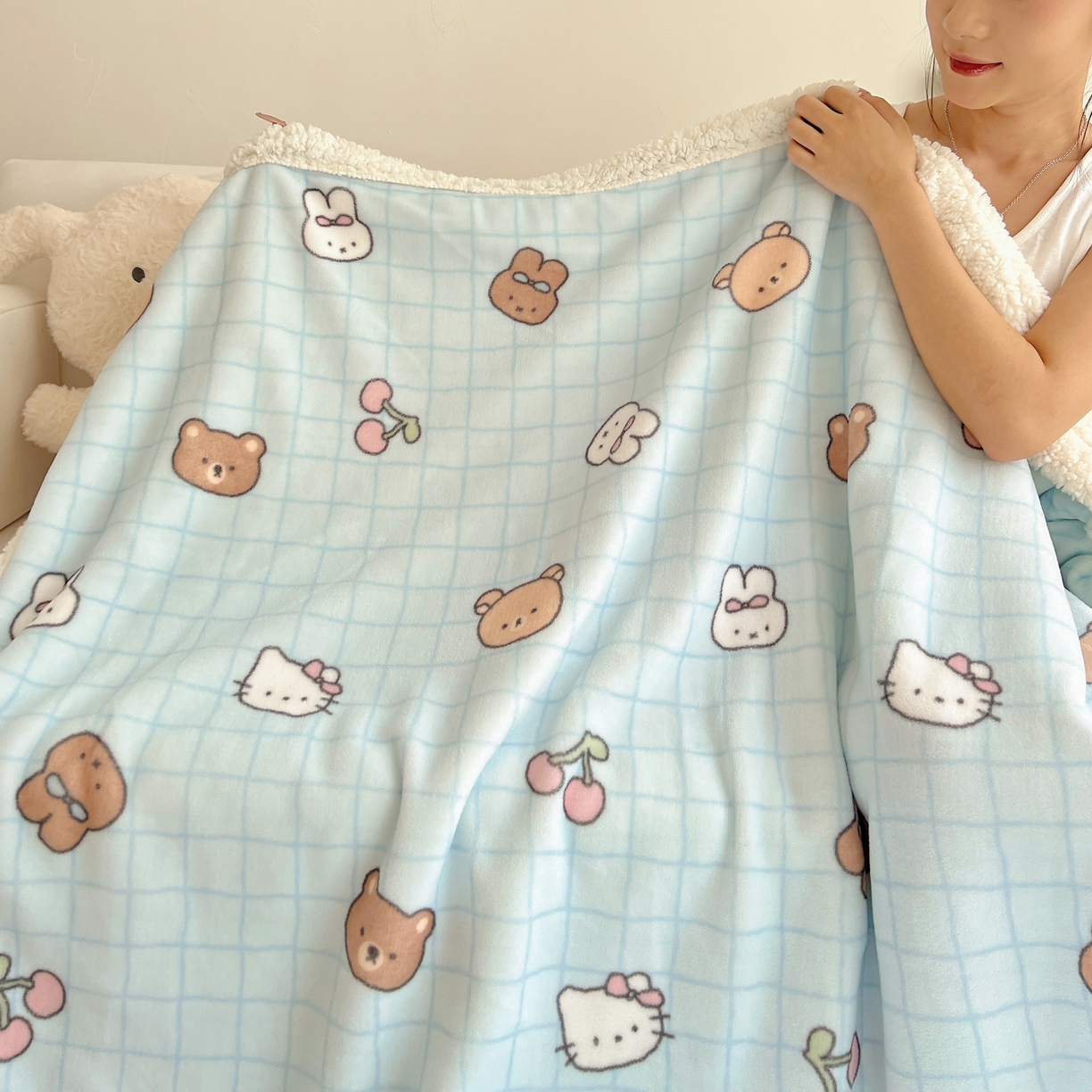 桃子家居 2025新款A类ins小清新少女可爱奶油猫咪卡通加厚牛奶绒羊羔绒毛毯多功能毛毯 绒毛毯-MT蓝格熊兔