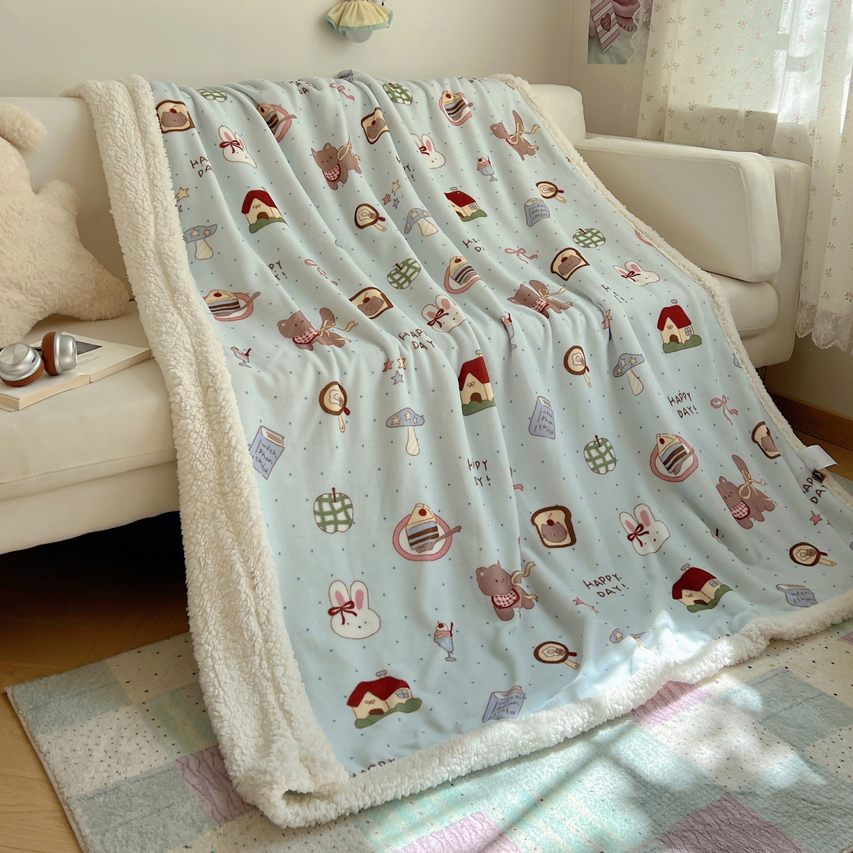 91家纺网 家纺一手货源 找家纺 桃子家居 2025新款A类ins小清新少女可爱奶油猫咪卡通加厚牛奶绒羊羔绒毛毯多功能毛毯 绒毛毯-MT蓝色日记