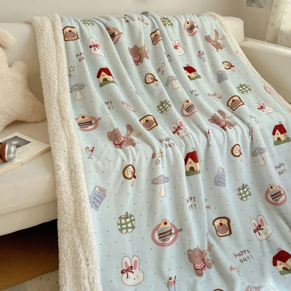 91家纺网 家纺一手货源 找家纺 桃子家居 2025新款A类ins小清新少女可爱奶油猫咪卡通加厚牛奶绒羊羔绒毛毯多功能毛毯 绒毛毯-MT蓝色日记