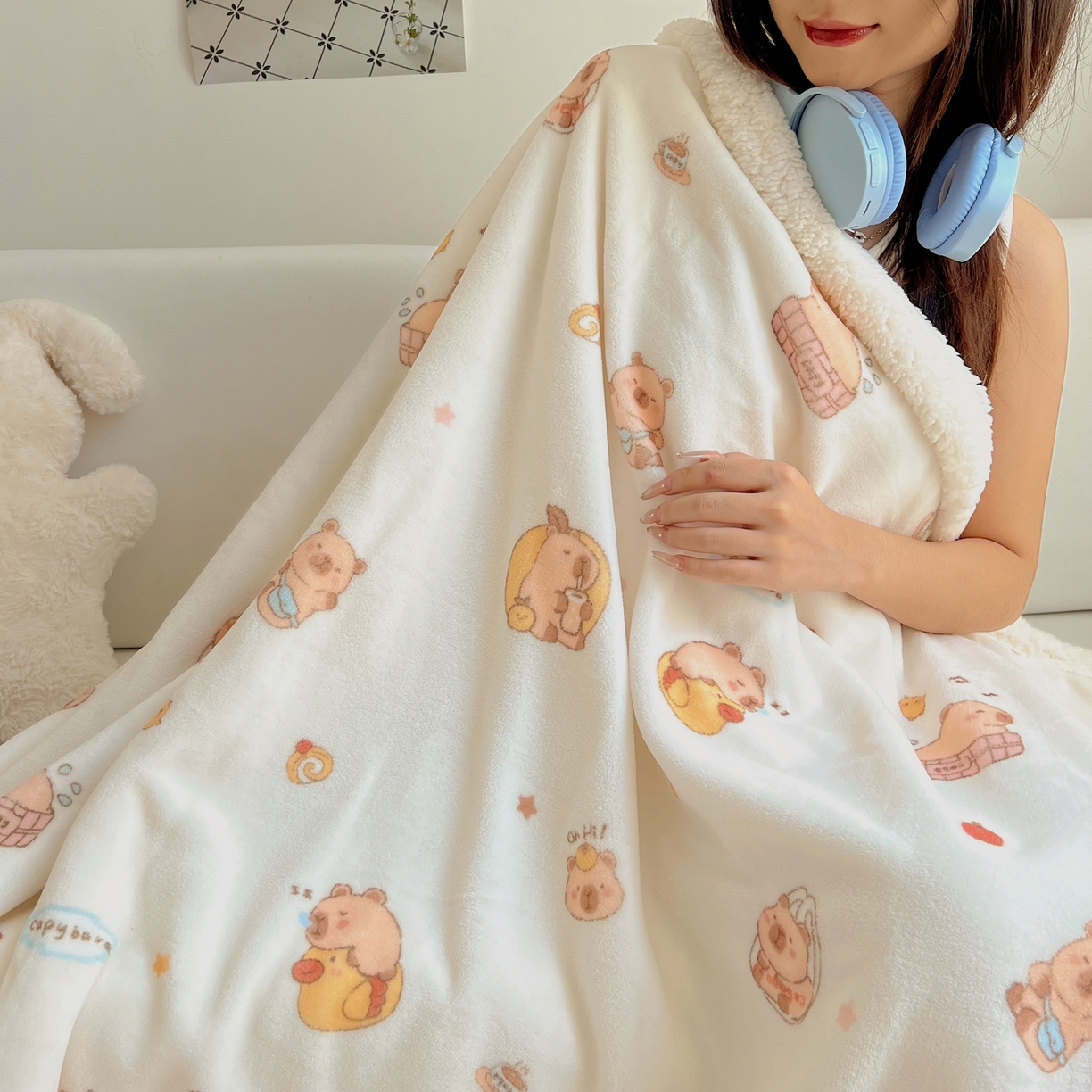 桃子家居 2025新款A类ins小清新少女可爱奶油猫咪卡通加厚牛奶绒羊羔绒毛毯多功能毛毯 绒毛毯-MT乐乐鼠