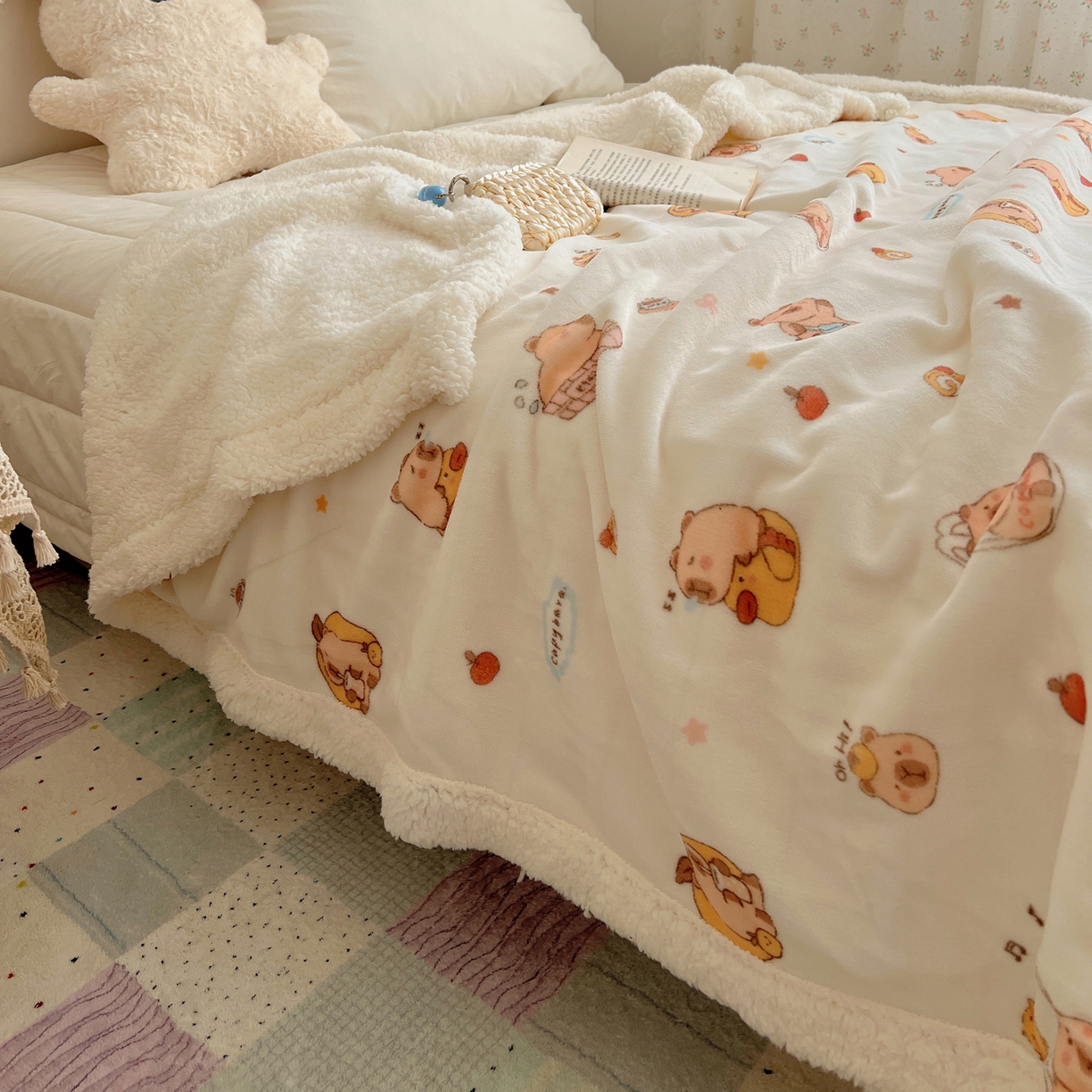 91家纺网 家纺一手货源 找家纺 桃子家居 2025新款A类ins小清新少女可爱奶油猫咪卡通加厚牛奶绒羊羔绒毛毯多功能毛毯 绒毛毯-MT乐乐鼠