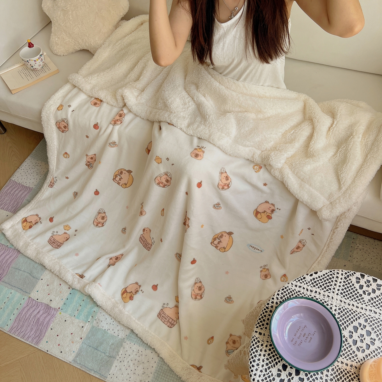 91家纺网 家纺一手货源 找家纺 桃子家居 2025新款A类ins小清新少女可爱奶油猫咪卡通加厚牛奶绒羊羔绒毛毯多功能毛毯 绒毛毯-MT乐乐鼠