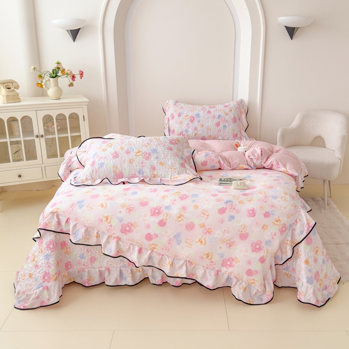 91家纺网 家纺一手货源 找家纺 （总）小萌虎 2025新款A类云感原麻双层纱花边床盖四件套