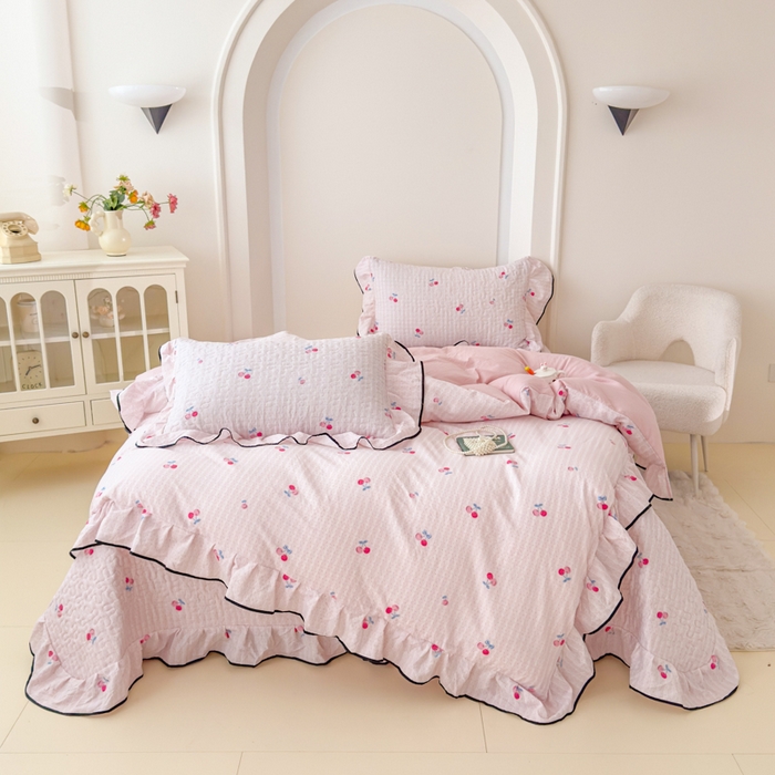 91家纺网 家纺一手货源 找家纺 （总）小萌虎 2025新款A类云感原麻双层纱花边床盖四件套