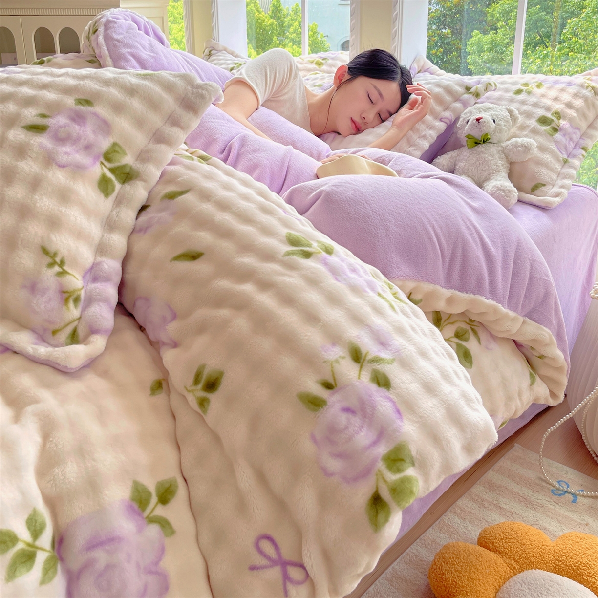 91家纺网 家纺一手货源 找家纺 凯儿家纺 2025新款兔毛牛奶泡泡绒四件套 花语柔情