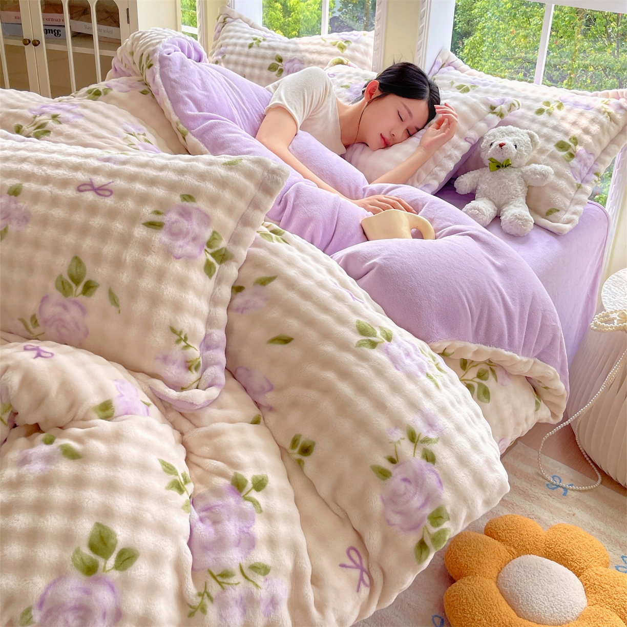 91家纺网 家纺一手货源 找家纺 凯儿家纺 2025新款兔毛牛奶泡泡绒四件套 花语柔情