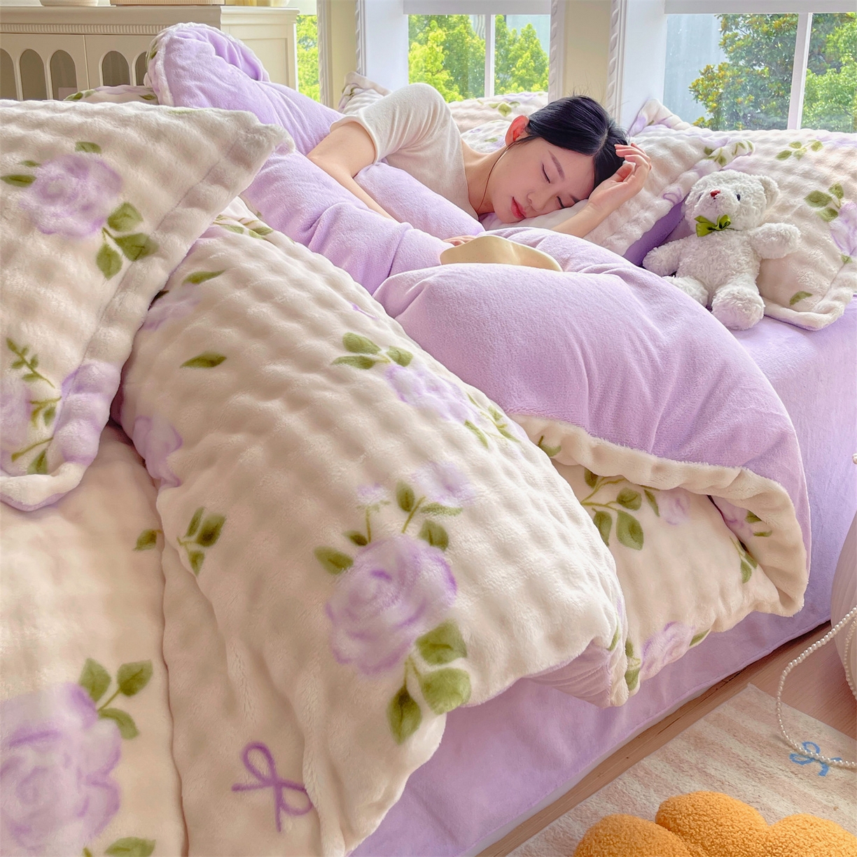 91家纺网 家纺一手货源 找家纺 凯儿家纺 2025新款兔毛牛奶泡泡绒四件套 花语柔情