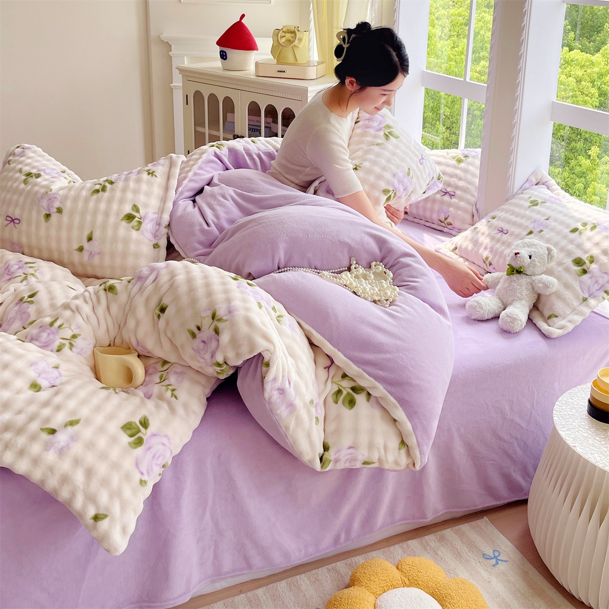 91家纺网 家纺一手货源 找家纺 凯儿家纺 2025新款兔毛牛奶泡泡绒四件套 花语柔情