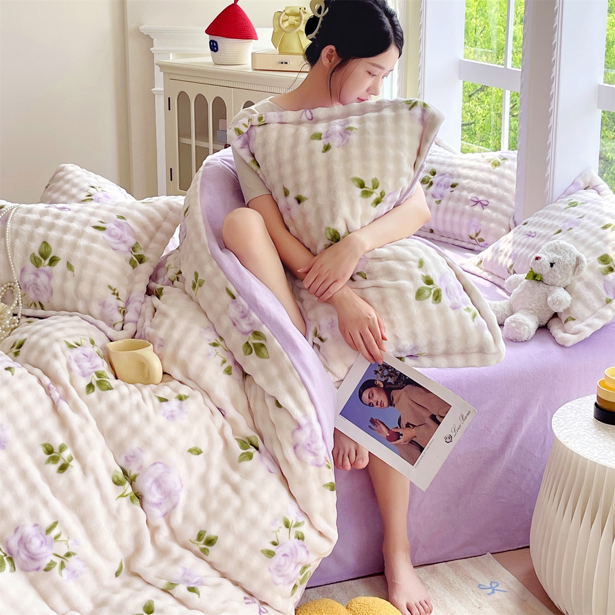 91家纺网 家纺一手货源 找家纺 凯儿家纺 2025新款兔毛牛奶泡泡绒四件套 花语柔情