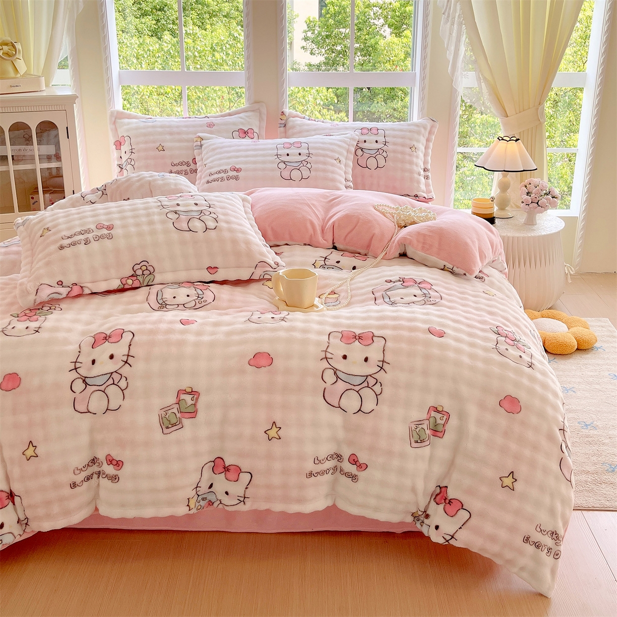 91家纺网 家纺一手货源 找家纺 凯儿家纺 2025新款兔毛牛奶泡泡绒四件套 可爱猫咪