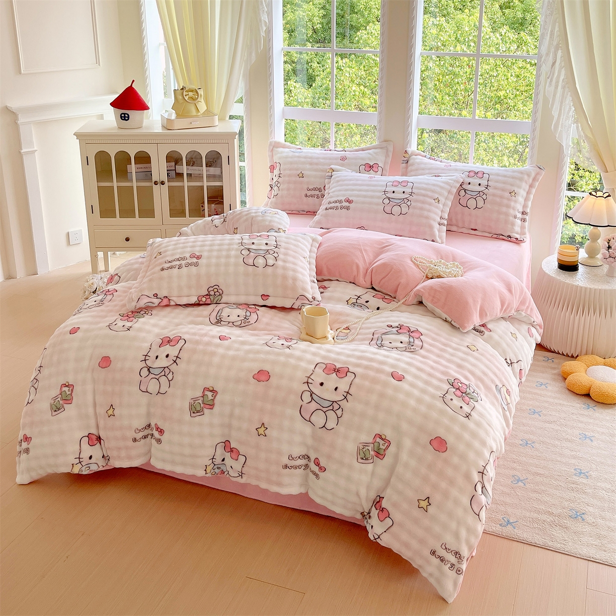 91家纺网 家纺一手货源 找家纺 凯儿家纺 2025新款兔毛牛奶泡泡绒四件套 可爱猫咪