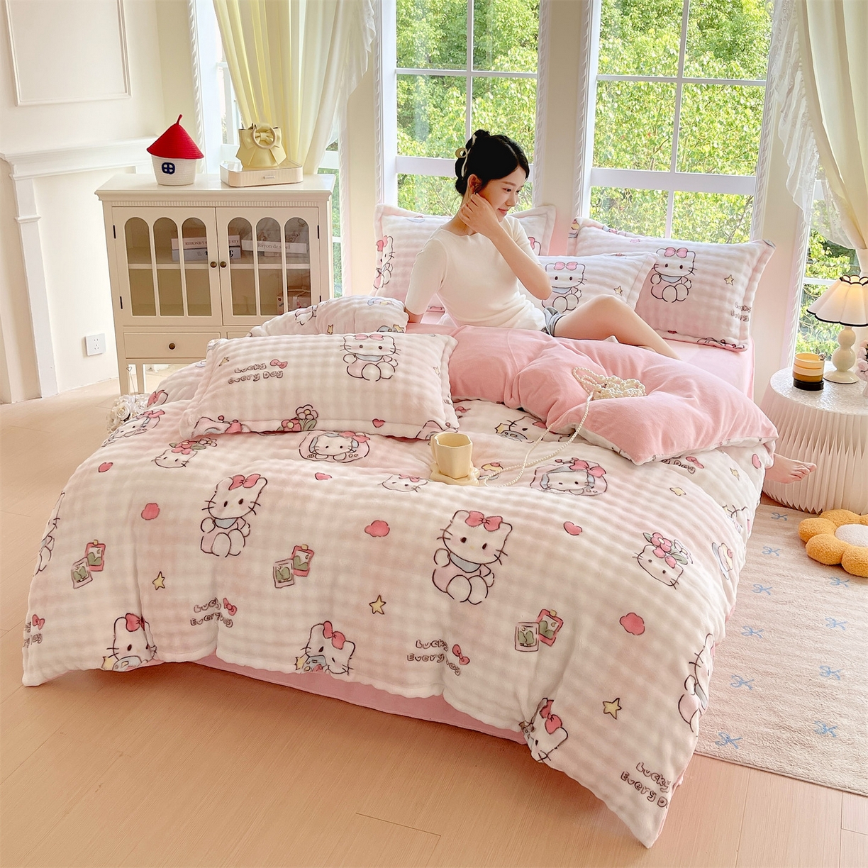 91家纺网 家纺一手货源 找家纺 凯儿家纺 2025新款兔毛牛奶泡泡绒四件套 可爱猫咪