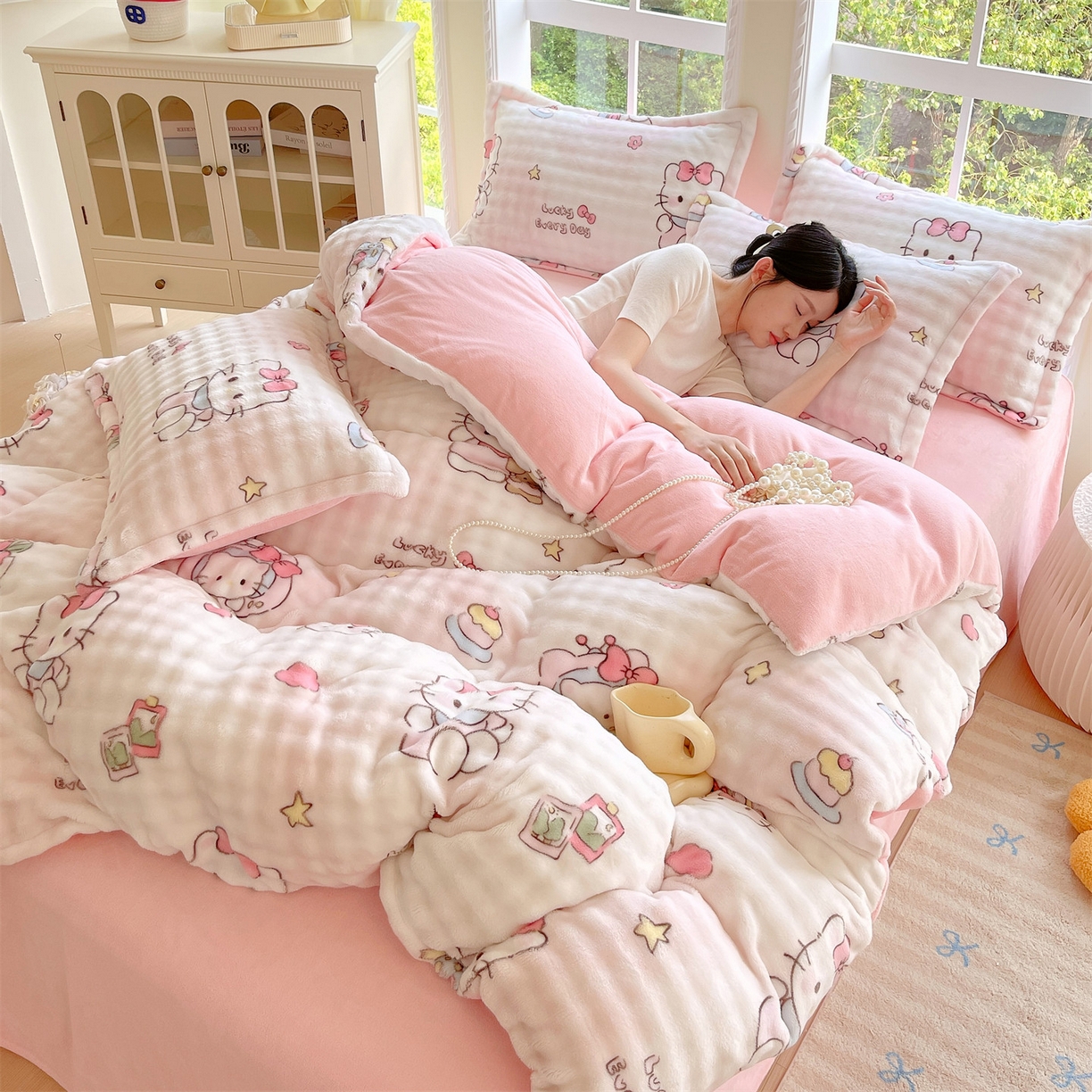 91家纺网 家纺一手货源 找家纺 凯儿家纺 2025新款兔毛牛奶泡泡绒四件套 可爱猫咪