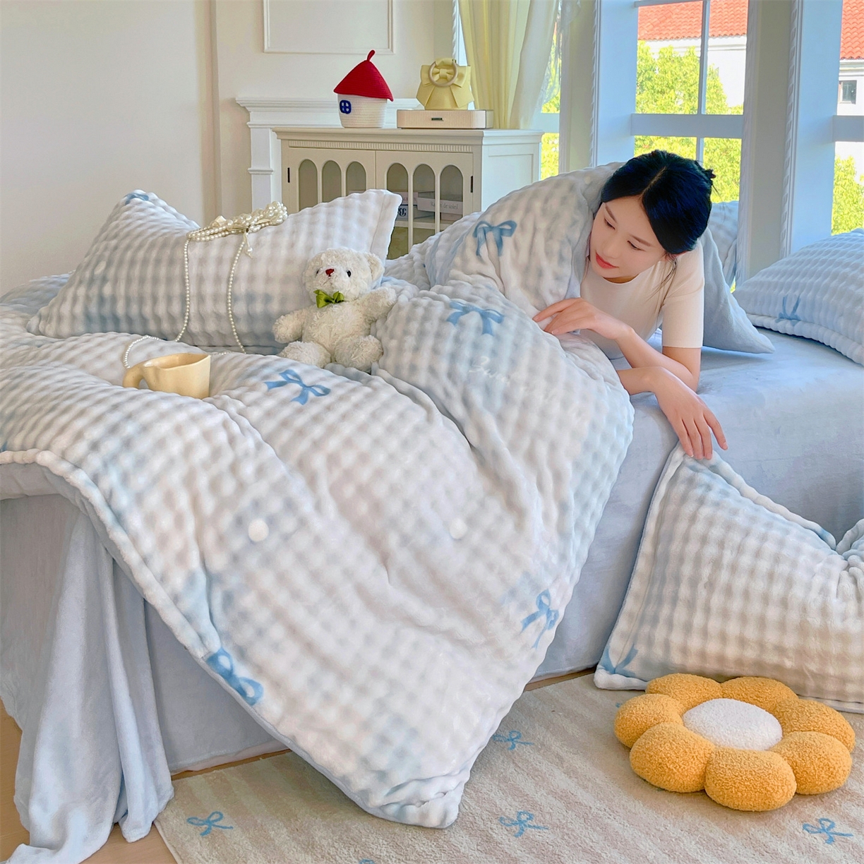 91家纺网 家纺一手货源 找家纺 凯儿家纺 2025新款兔毛牛奶泡泡绒四件套 蓝色旋律