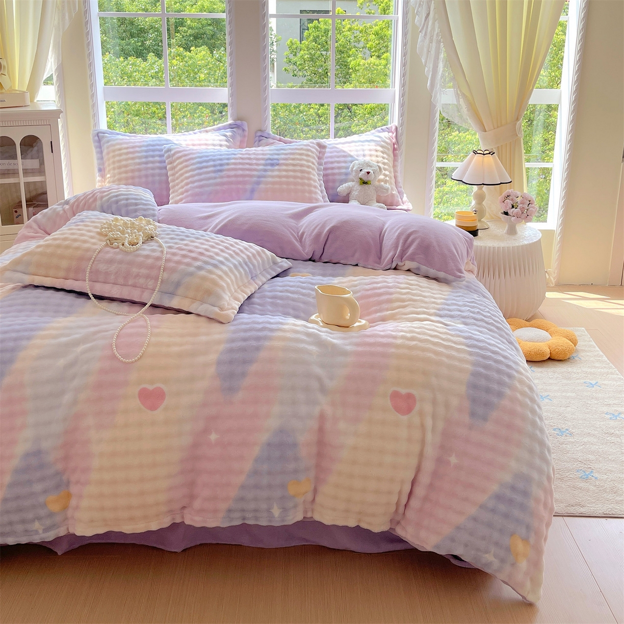 91家纺网 家纺一手货源 找家纺 凯儿家纺 2025新款兔毛牛奶泡泡绒四件套 紫韵爱心