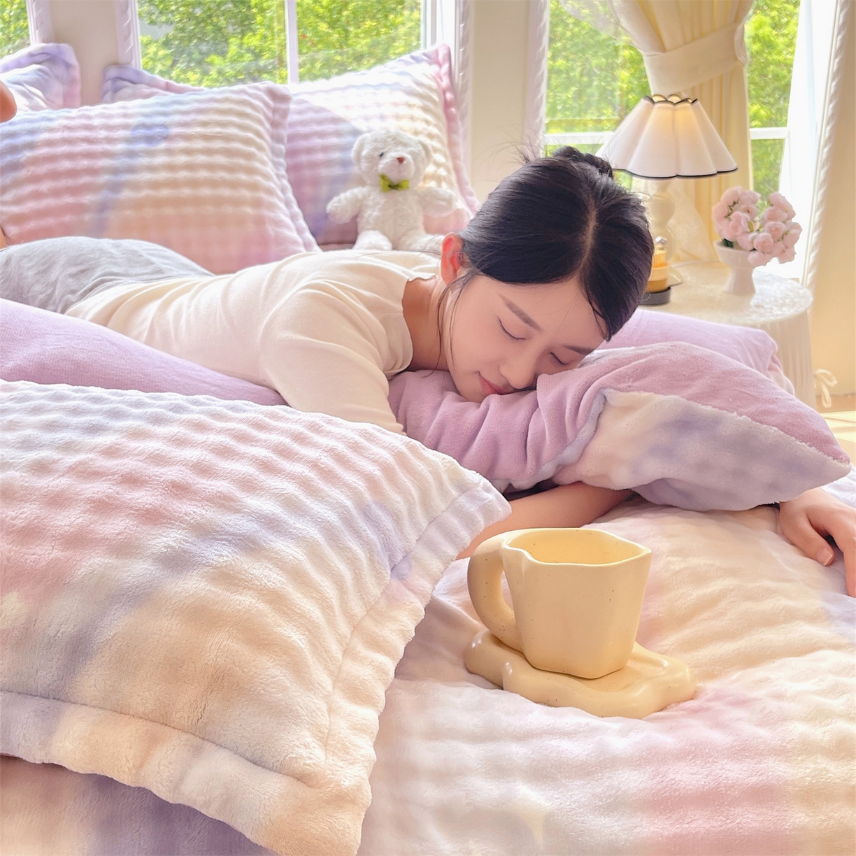 91家纺网 家纺一手货源 找家纺 凯儿家纺 2025新款兔毛牛奶泡泡绒四件套 紫韵爱心