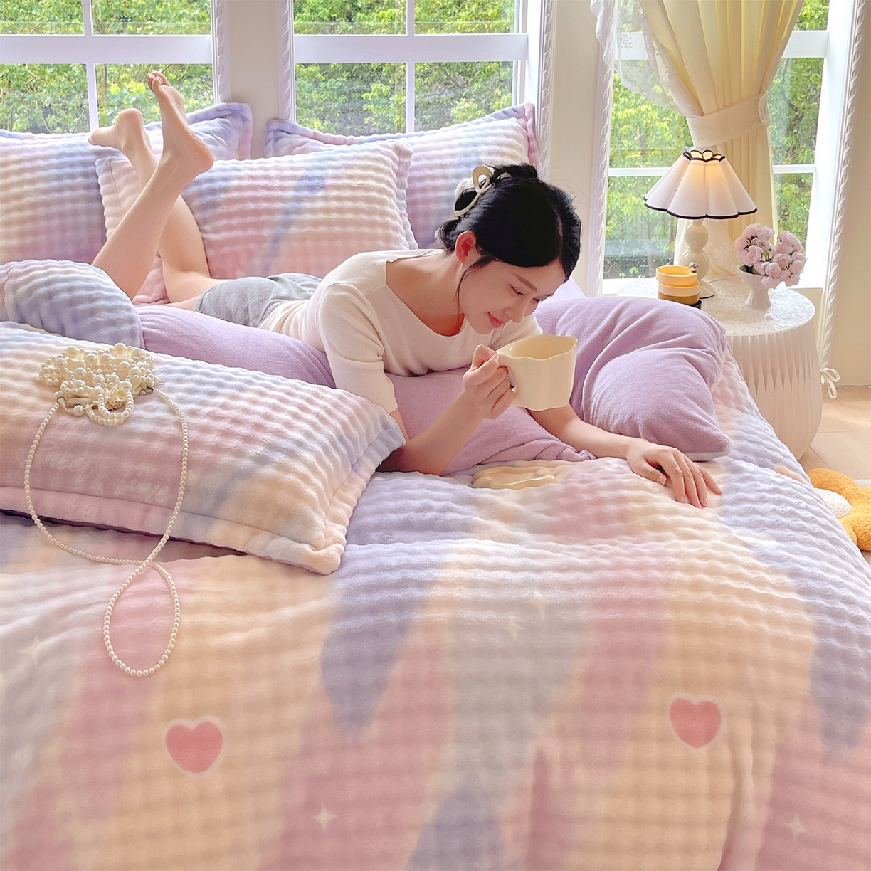 91家纺网 家纺一手货源 找家纺 凯儿家纺 2025新款兔毛牛奶泡泡绒四件套 紫韵爱心