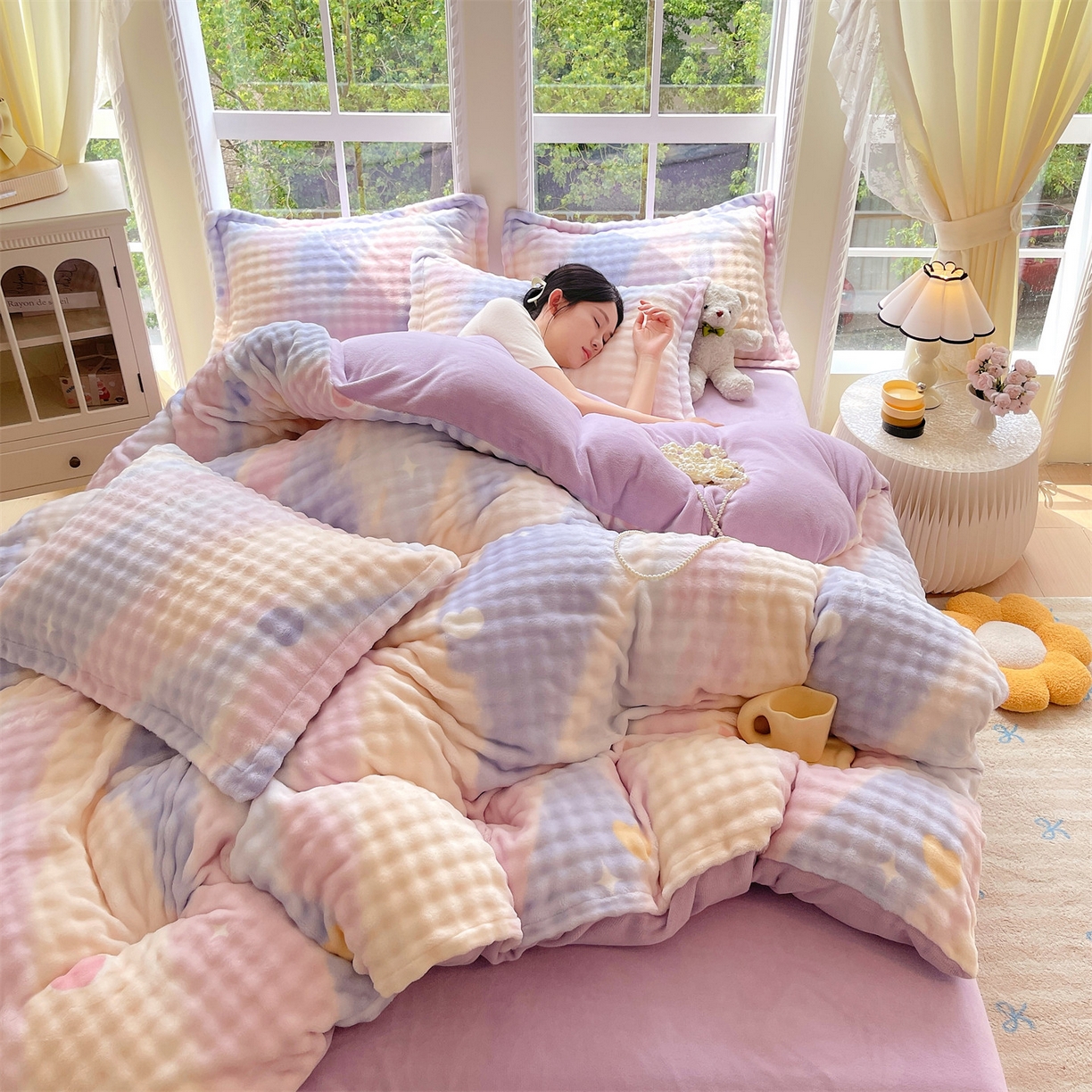 91家纺网 家纺一手货源 找家纺 凯儿家纺 2025新款兔毛牛奶泡泡绒四件套 紫韵爱心