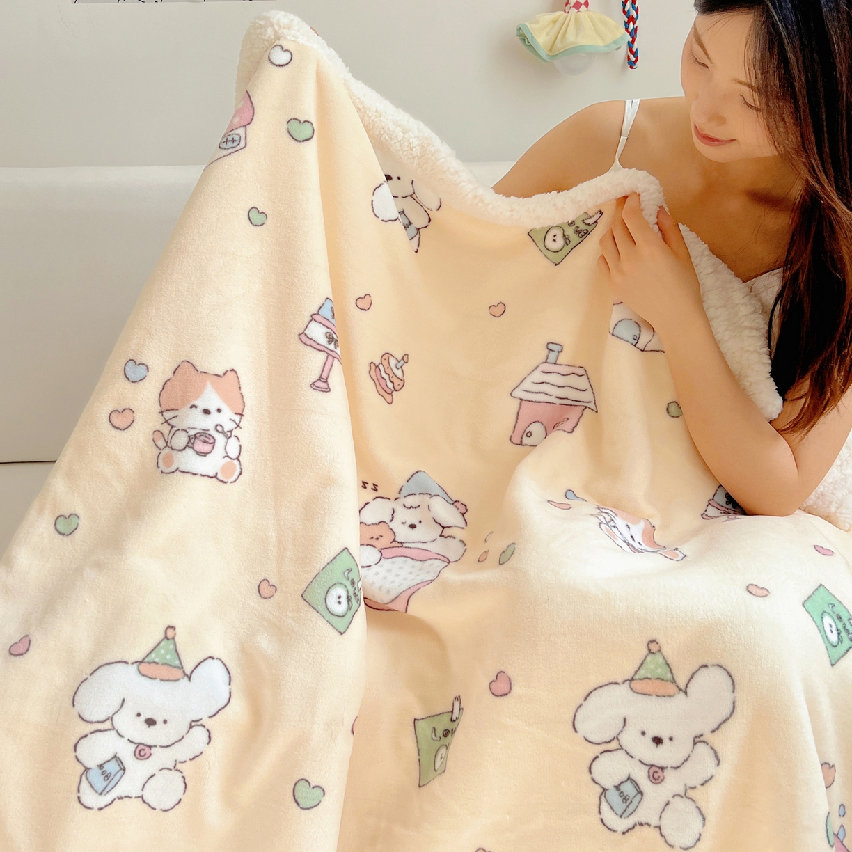 桃子家居 2025新款A类ins小清新少女可爱奶油猫咪卡通加厚牛奶绒羊羔绒毛毯多功能毛毯 绒毛毯-MT童梦园