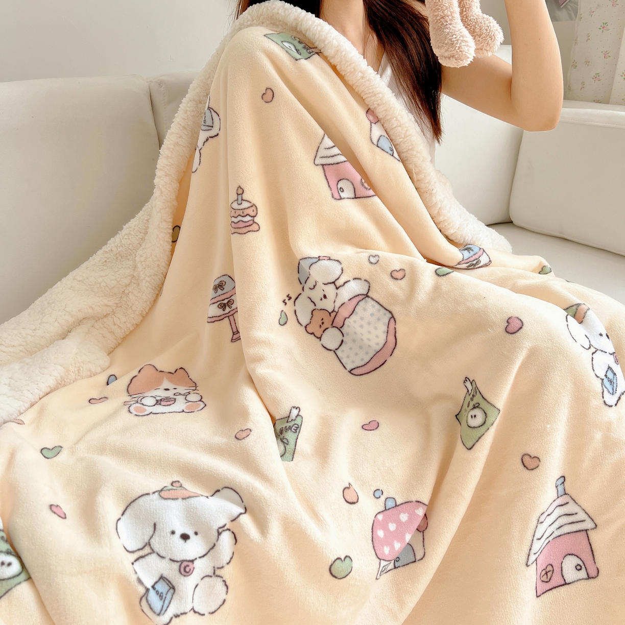 91家纺网 家纺一手货源 找家纺 桃子家居 2025新款A类ins小清新少女可爱奶油猫咪卡通加厚牛奶绒羊羔绒毛毯多功能毛毯 绒毛毯-MT童梦园