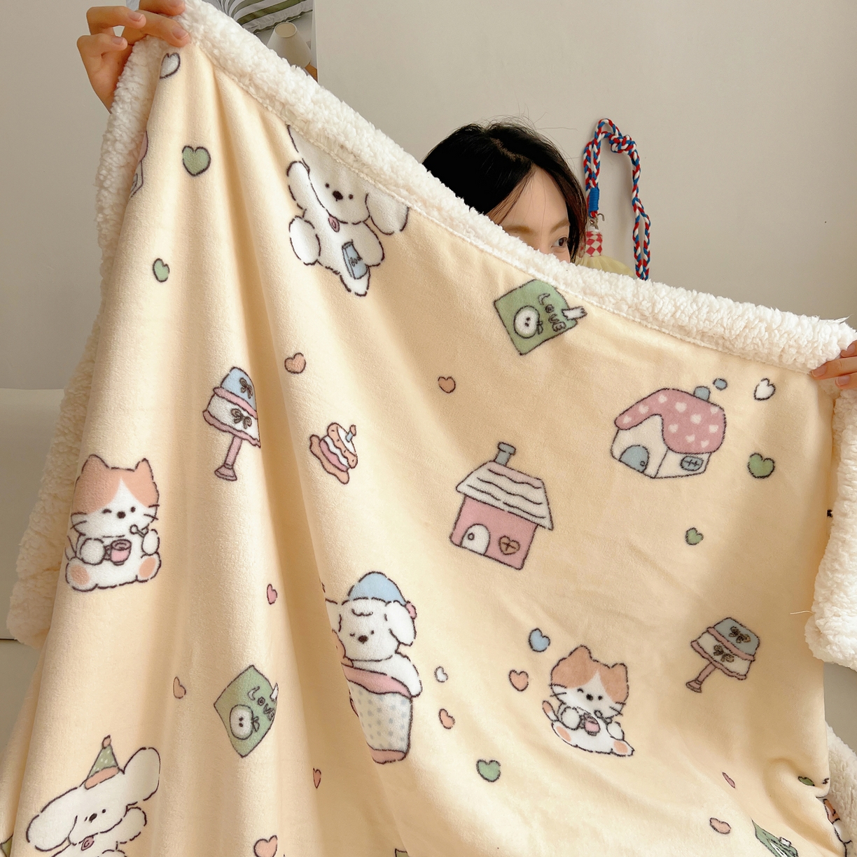 91家纺网 家纺一手货源 找家纺 桃子家居 2025新款A类ins小清新少女可爱奶油猫咪卡通加厚牛奶绒羊羔绒毛毯多功能毛毯 绒毛毯-MT童梦园
