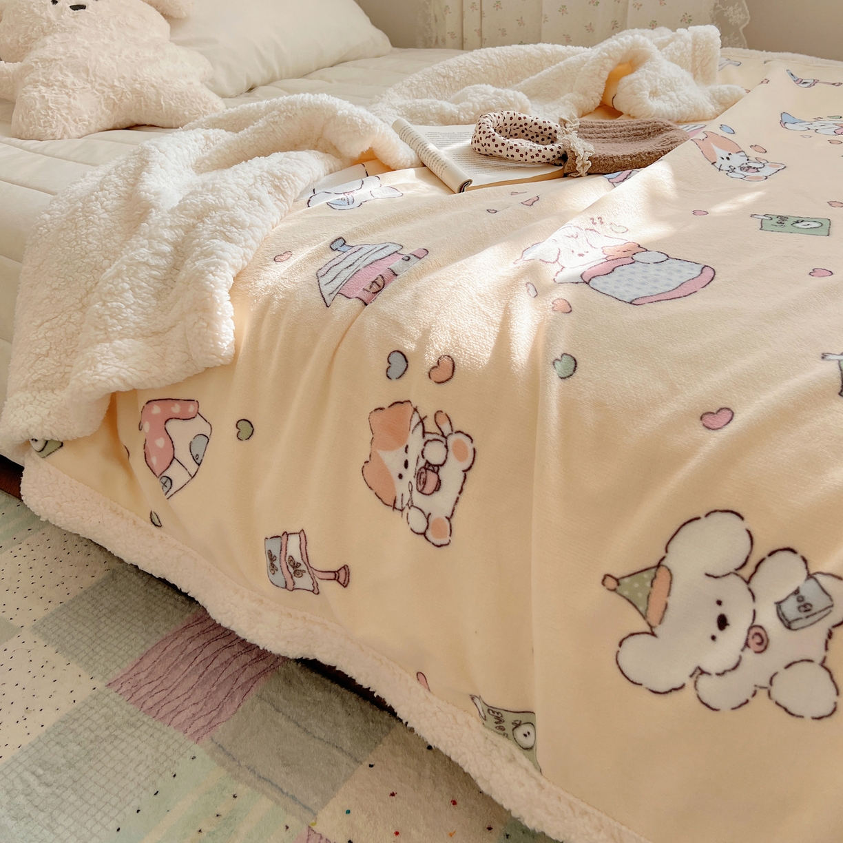 91家纺网 家纺一手货源 找家纺 桃子家居 2025新款A类ins小清新少女可爱奶油猫咪卡通加厚牛奶绒羊羔绒毛毯多功能毛毯 绒毛毯-MT童梦园