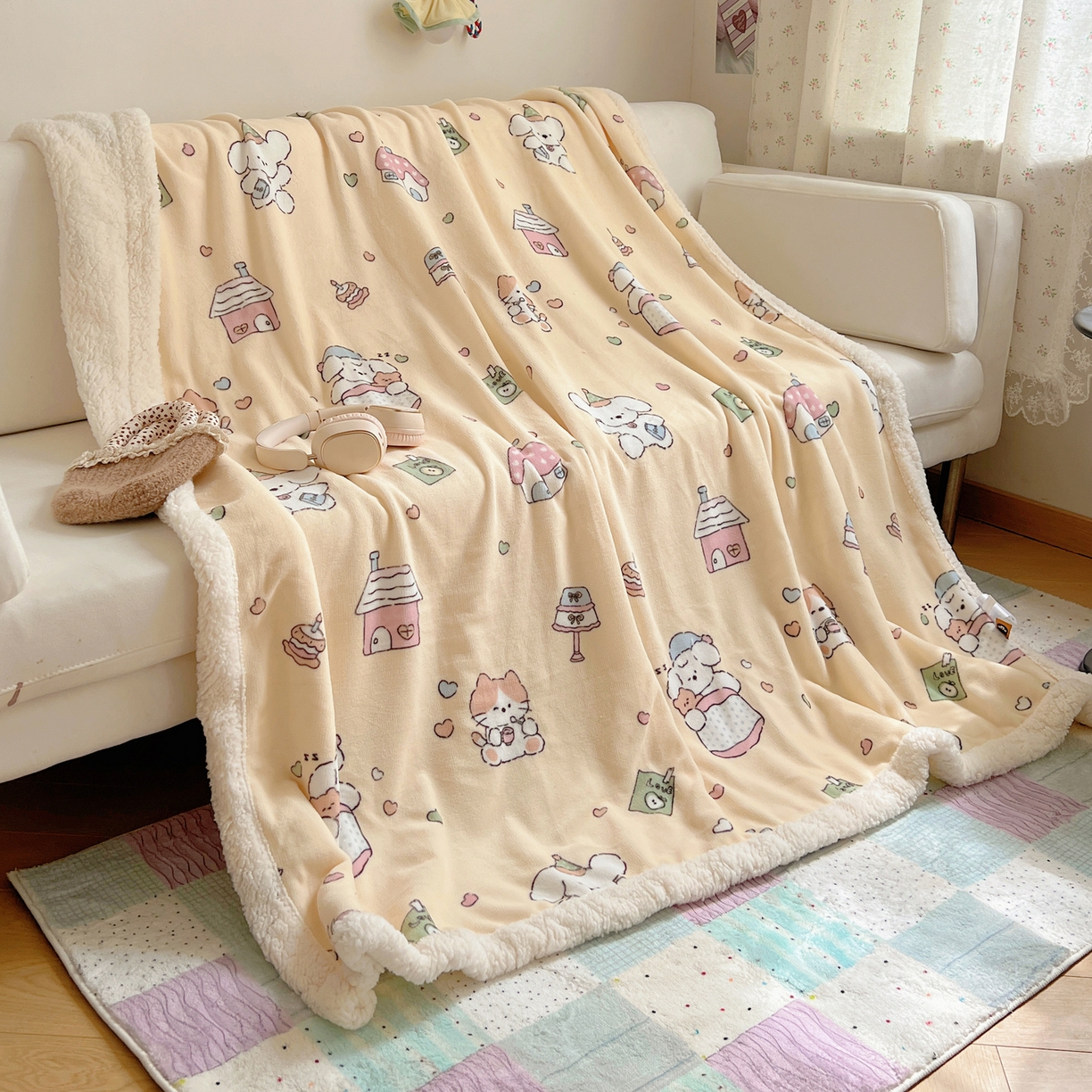 91家纺网 家纺一手货源 找家纺 桃子家居 2025新款A类ins小清新少女可爱奶油猫咪卡通加厚牛奶绒羊羔绒毛毯多功能毛毯 绒毛毯-MT童梦园