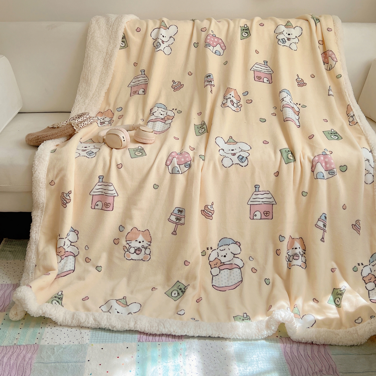 91家纺网 家纺一手货源 找家纺 桃子家居 2025新款A类ins小清新少女可爱奶油猫咪卡通加厚牛奶绒羊羔绒毛毯多功能毛毯 绒毛毯-MT童梦园
