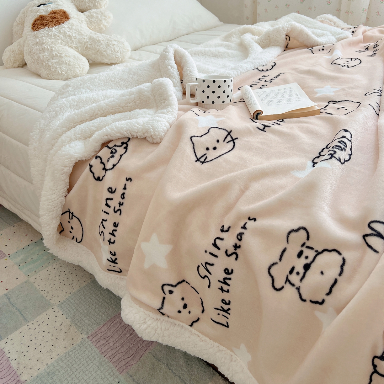 91家纺网 家纺一手货源 找家纺 桃子家居 2025新款A类ins小清新少女可爱奶油猫咪卡通加厚牛奶绒羊羔绒毛毯多功能毛毯 绒毛毯-MT星光萌宠