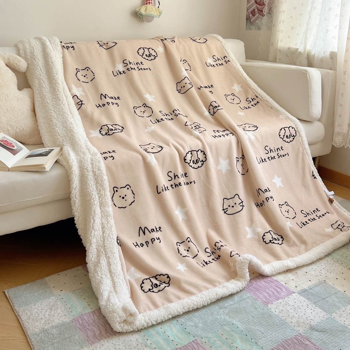 91家纺网 家纺一手货源 找家纺 桃子家居 2025新款A类ins小清新少女可爱奶油猫咪卡通加厚牛奶绒羊羔绒毛毯多功能毛毯 绒毛毯-MT星光萌宠