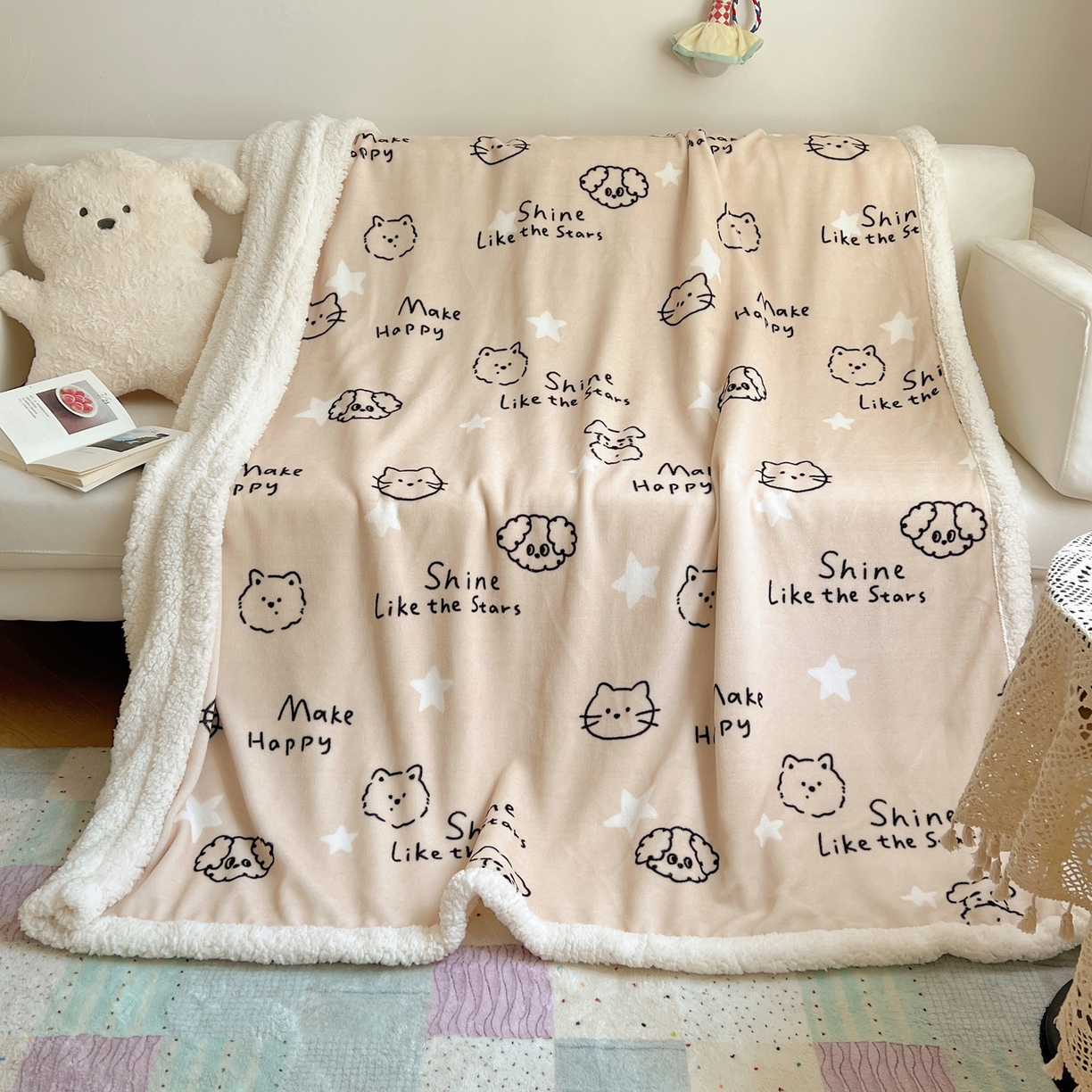 91家纺网 家纺一手货源 找家纺 桃子家居 2025新款A类ins小清新少女可爱奶油猫咪卡通加厚牛奶绒羊羔绒毛毯多功能毛毯 绒毛毯-MT星光萌宠