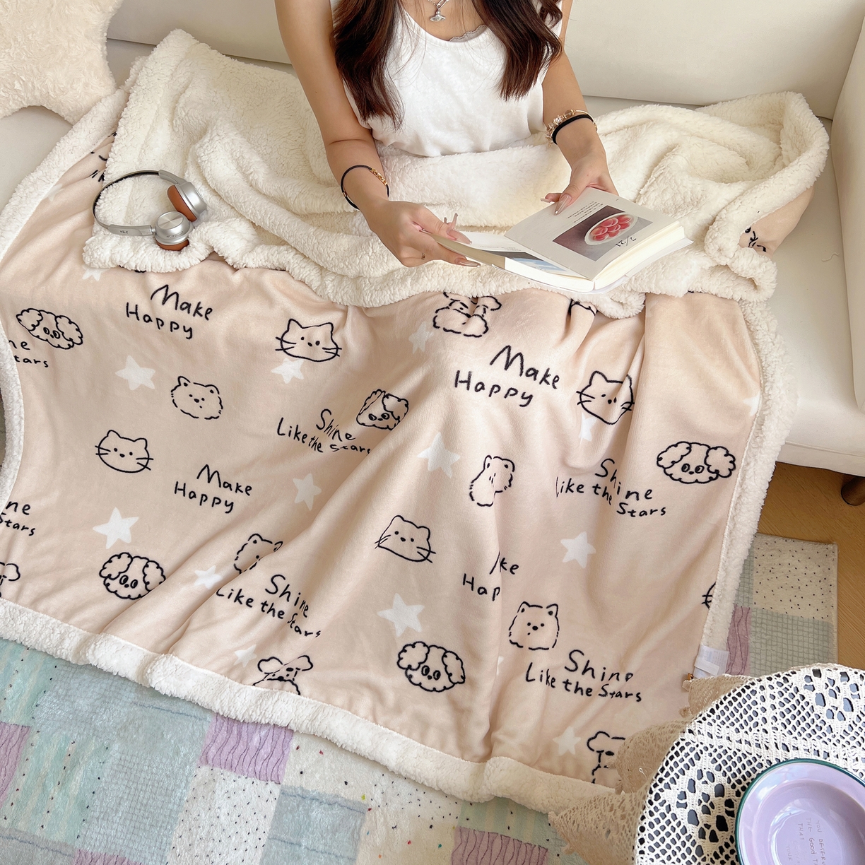 91家纺网 家纺一手货源 找家纺 桃子家居 2025新款A类ins小清新少女可爱奶油猫咪卡通加厚牛奶绒羊羔绒毛毯多功能毛毯 绒毛毯-MT星光萌宠