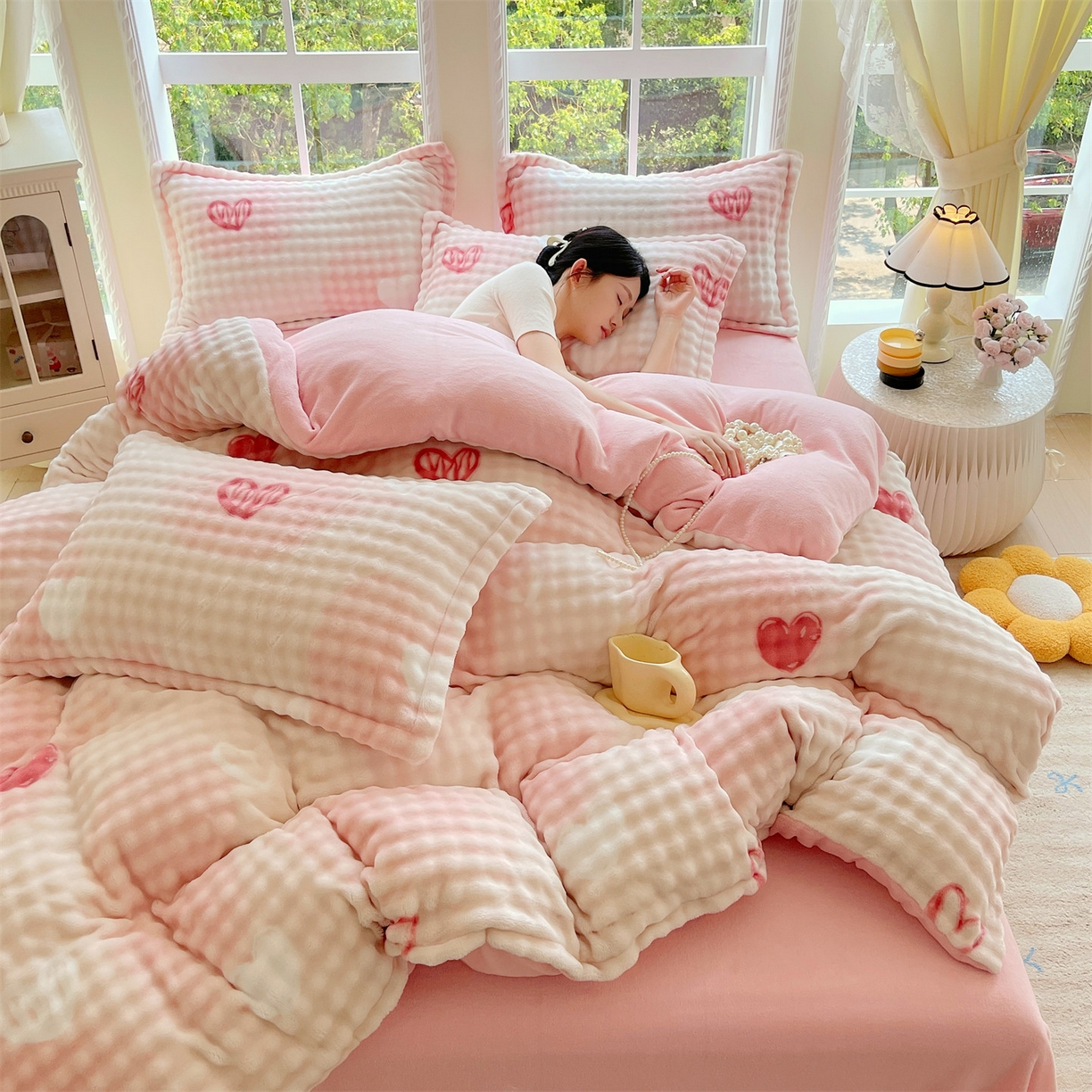 91家纺网 家纺一手货源 找家纺 凯儿家纺 2025新款兔毛牛奶泡泡绒单被套单品被套被套单件 爱心朵朵