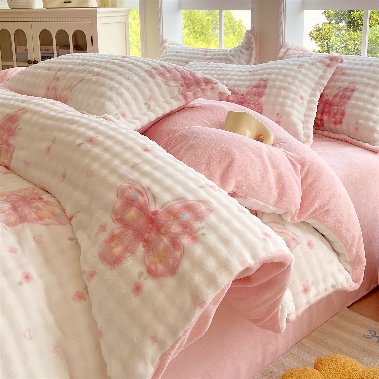 凯儿家纺 2025新款兔毛牛奶泡泡绒单被套单品被套被套单件 彩蝶飞舞