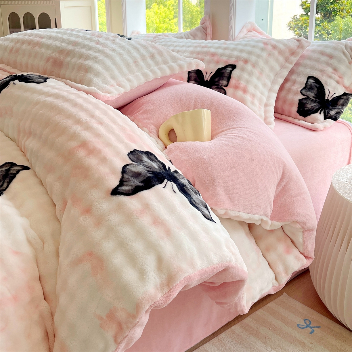 凯儿家纺 2025新款兔毛牛奶泡泡绒单被套单品被套被套单件 粉玉蝴蝶